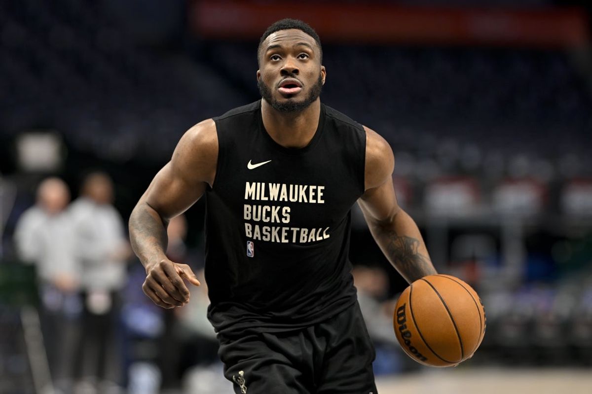 Feb 3, 2024; Dallas, Texas, USA; Milwaukee Bucks forward Thanasis Antetokounmpo (43) warms up before the game between the Dallas Mavericks and the Milwaukee Bucks at the American Airlines Center. Mandatory Credit: Jerome Miron-Imagn Images