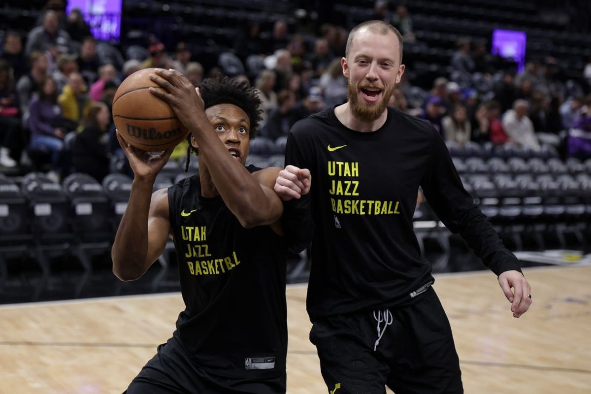 Feb 4, 2024; Salt Lake City, Utah, USA;  Utah Jazz guard Collin Sexton (2) warms up with assistant coach Evan Bradds before the game against the Milwaukee Bucks at Delta Center. Mandatory Credit: Chris Nicoll-Imagn Images