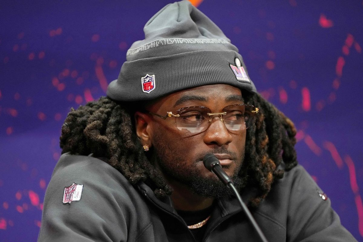 Feb 5, 2024; Las Vegas, NV, USA; San Francisco 49ers wide receiver Brandon Aiyuk (11) talks to the media during Super Bowl LVIII Opening Night at Allegiant Stadium. Mandatory Credit: Lucas Peltier-USA TODAY Sports