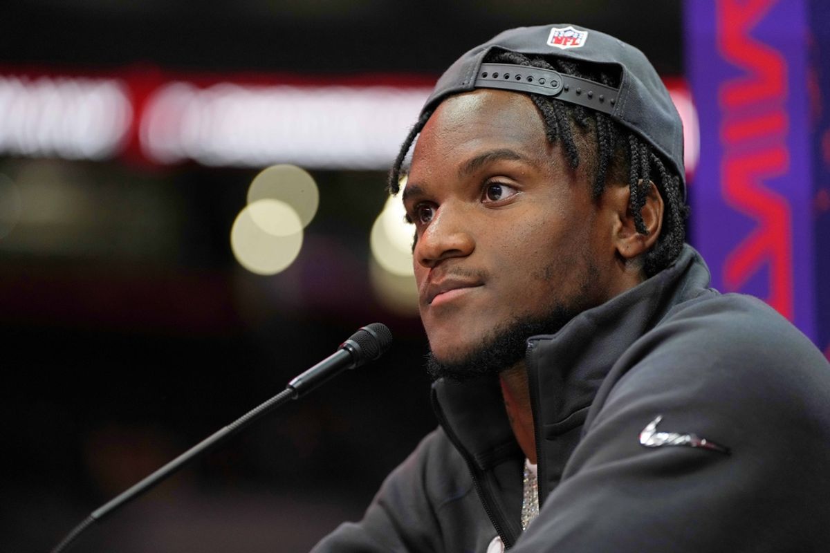 Feb 5, 2024; Las Vegas, NV, USA; San Francisco 49ers cornerback Charvarius Ward (7) talks to the media during Super Bowl LVIII Opening Night at Allegiant Stadium. Mandatory Credit: Lucas Peltier-Imagn Images