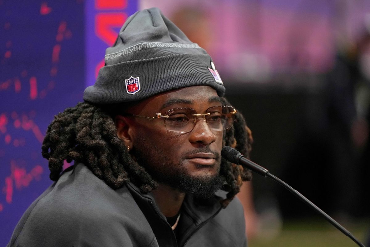 Feb 5, 2024; Las Vegas, NV, USA; San Francisco 49ers wide receiver Brandon Aiyuk (11) talks to the media during Super Bowl LVIII Opening Night at Allegiant Stadium. Mandatory Credit: Lucas Peltier-USA TODAY Sports