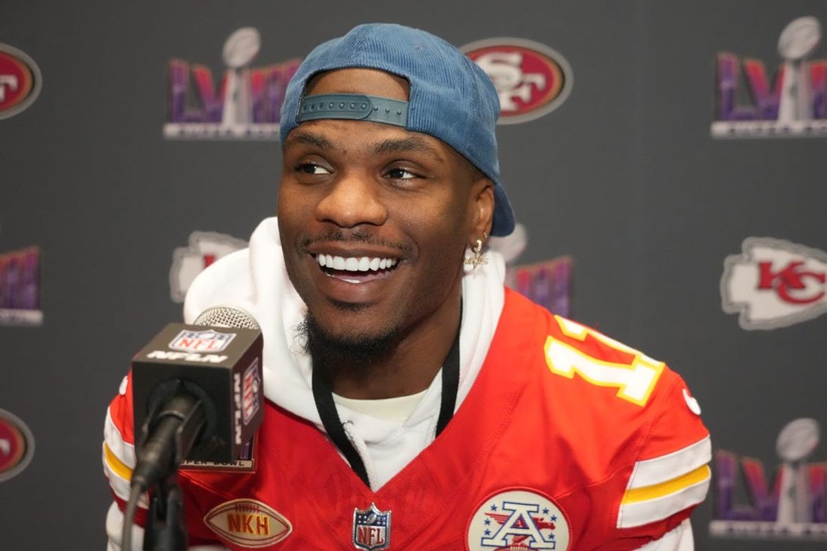 Feb 6, 2024; Las Vegas, NV, USA; Kansas City Chiefs wide receiver Marquez Valdes-Scantling (11) during a press conference before Super Bowl LVIII at Westin Lake Las Vegas Resort and Spa. Mandatory Credit: Kirby Lee-USA TODAY Sports