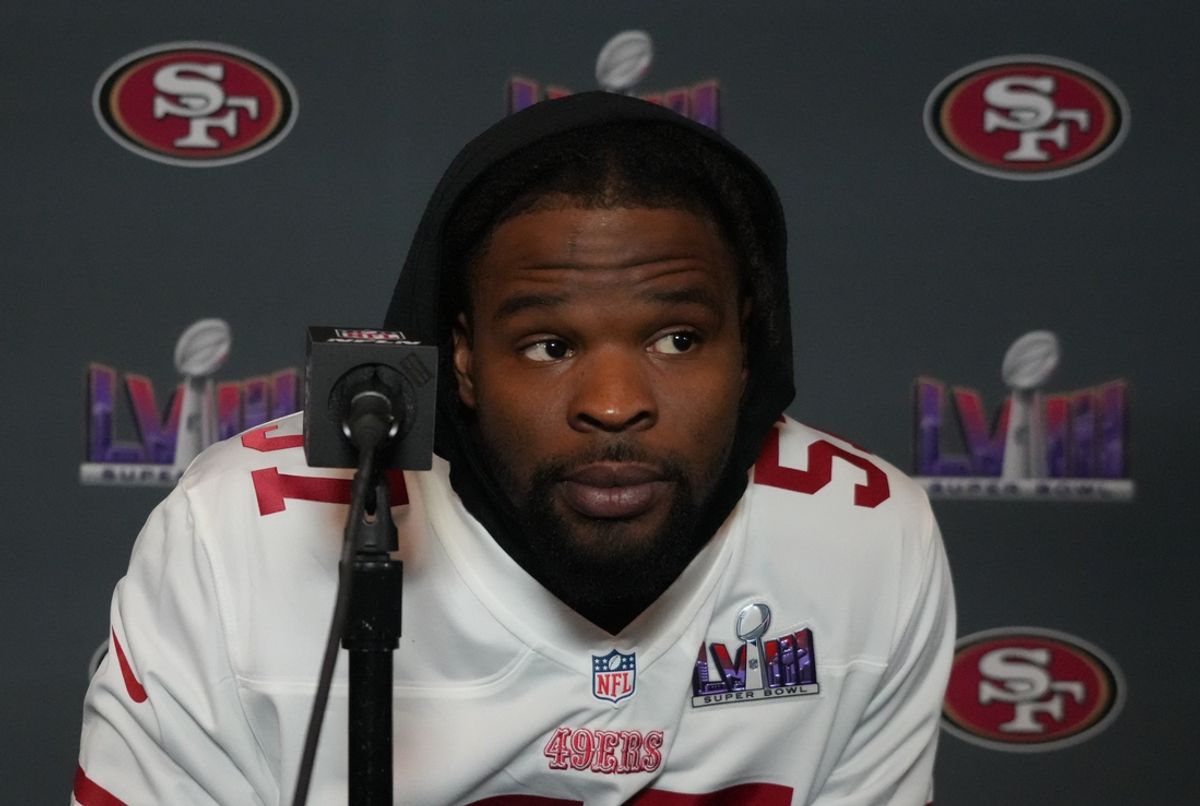 Feb 6, 2024; Las Vegas, NV, USA; San Francisco 49ers linebacker Dre Greenlaw (57) during a press conference before Super Bowl LVIII at the Hilton Lake Las Vegas Resort. Mandatory Credit: Kirby Lee-Imagn Images