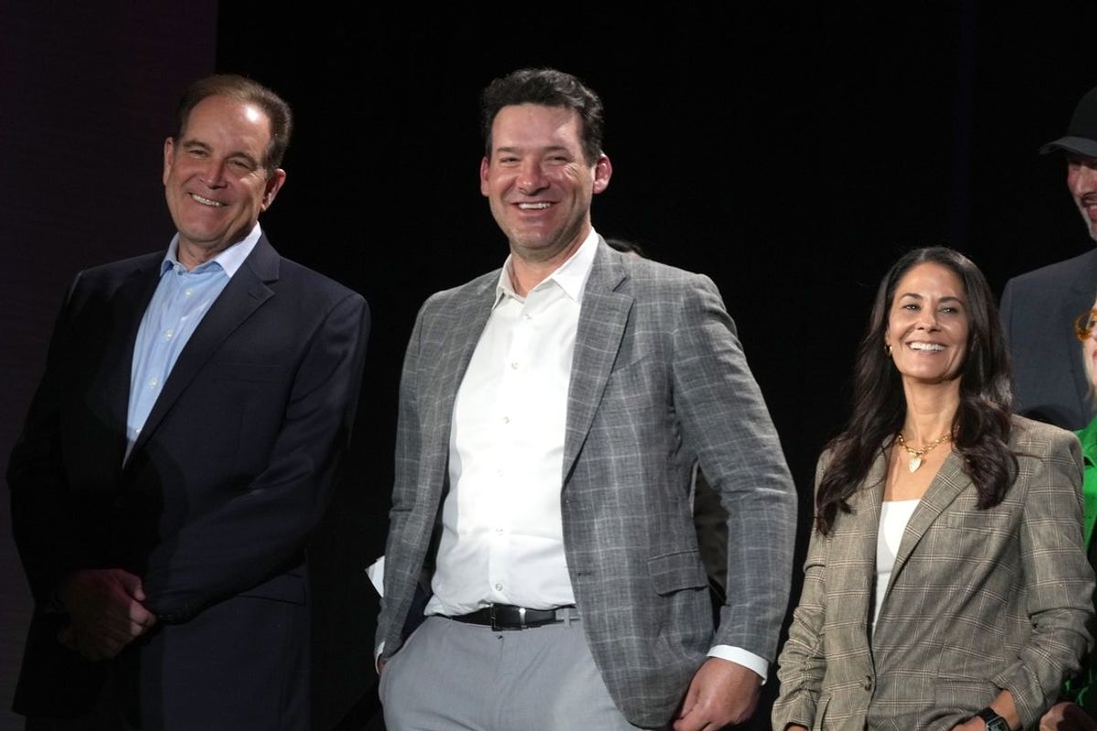 Feb 6, 2024; Las Vegas, NV, USA; CBS Sports play-by-play announcer Jim Nantz (left), analyst Tony Romo (center) and sideline reporter Tracy Wolfson at press conference at the Super Bowl 58 Media Center at the Mandalay Bay Resort and Casino.  Mandatory Credit: Kirby Lee-Imagn Images