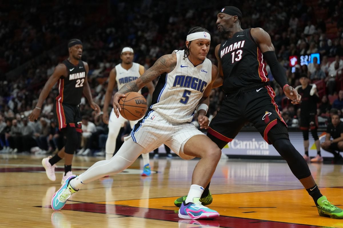 Could this season be a turning point for the Magic and Paolo Banchero (5) or are the Miami Heat and Bam Adebayo still the beast of the Southeast? Mandatory Credit: Jim Rassol-Imagn Images