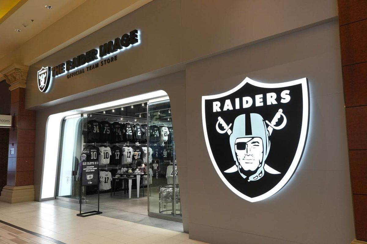 Feb 6, 2024; Las Vegas, NV, USA; The Las Vegas Raiders shield logo at the Raider Image store at the Shoppes at Mandalay Place. Mandatory Credit: Kirby Lee-USA TODAY Sports