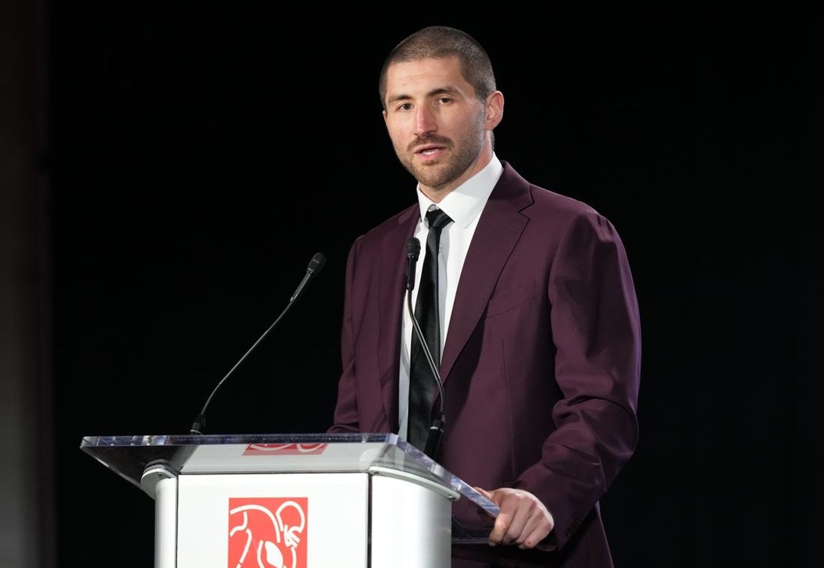 Feb 7, 2024; Las Vegas, NV, USA;  NFLPA president JC Tretter speaks at the NFLPA Press Conference at the Mandalay Bay Convention Center prior to Super Bowl LVIII. Mandatory Credit: Kyle Terada-Imagn Images