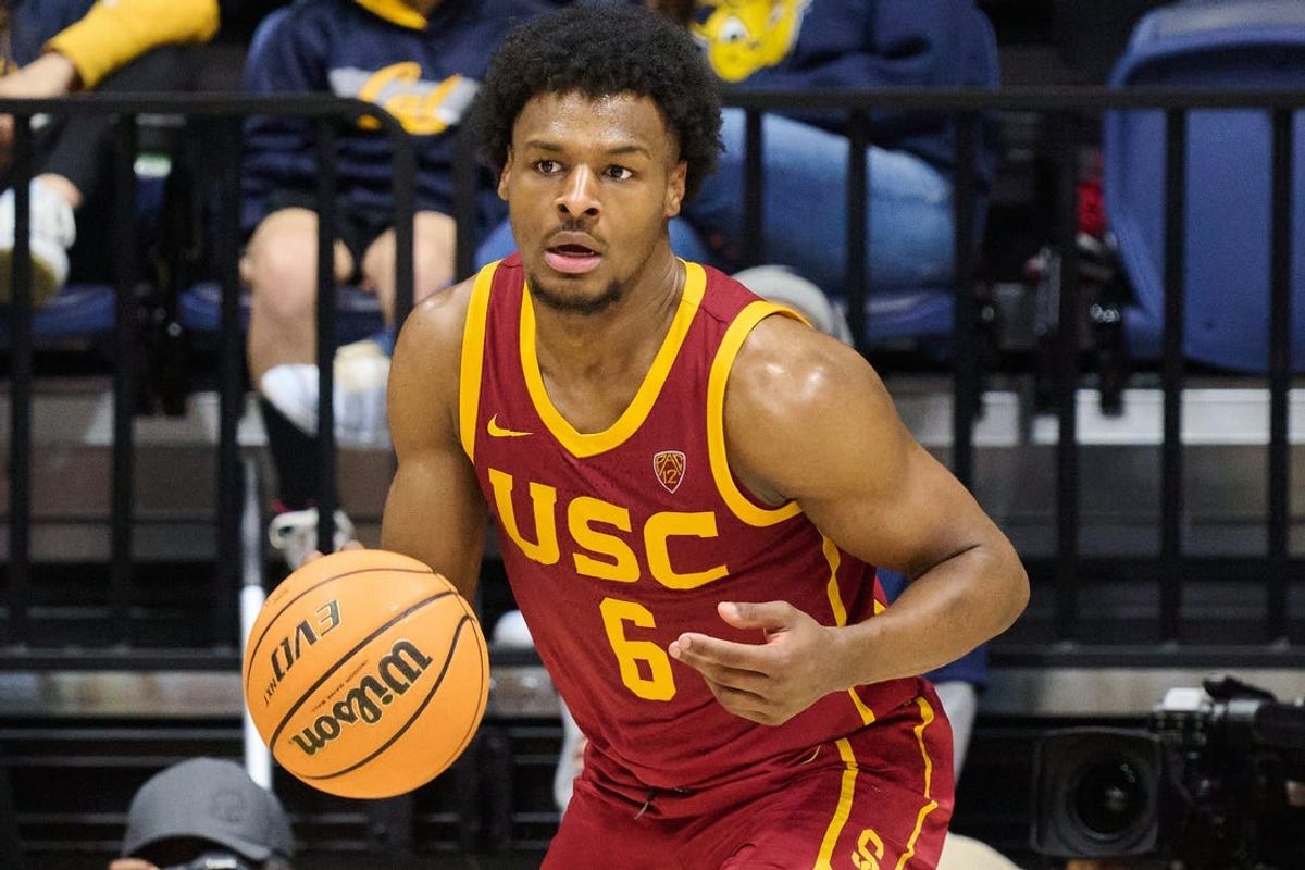Feb 7, 2024; Berkeley, California, USA; USC Trojans guard Bronny James (6) dribbles the ball against the California Golden Bears during the second half at Haas Pavilion. Mandatory Credit: Robert Edwards-USA TODAY Sports