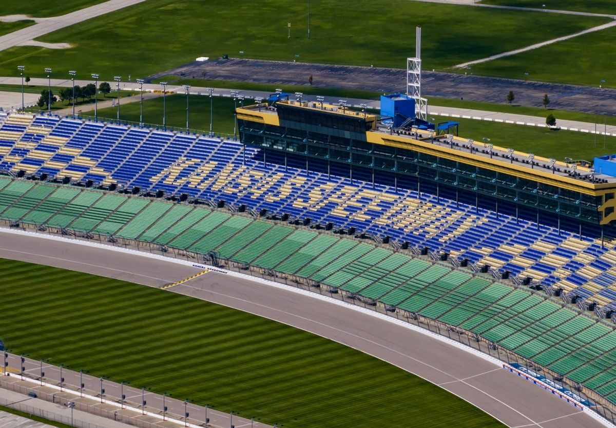 Aug 14, 2023; Kansas City, Kansas, USA; Aerial overall view of the Kansas Speedway NASCAR track. Mandatory Credit: Mark J. Rebilas-Imagn Images