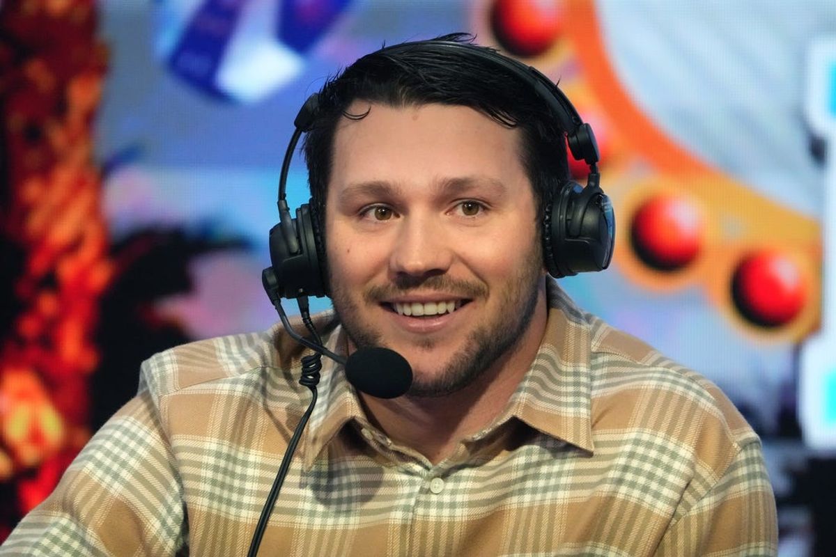Feb 8, 2024; Las Vegas, NV, USA; Buffalo Bills quarterback Josh Allen on the Pac McAfee show on radio row at the Super Bowl 58 media center at the Mandalay Bay resort and casino. Mandatory Credit: Kirby Lee-USA TODAY Sports
