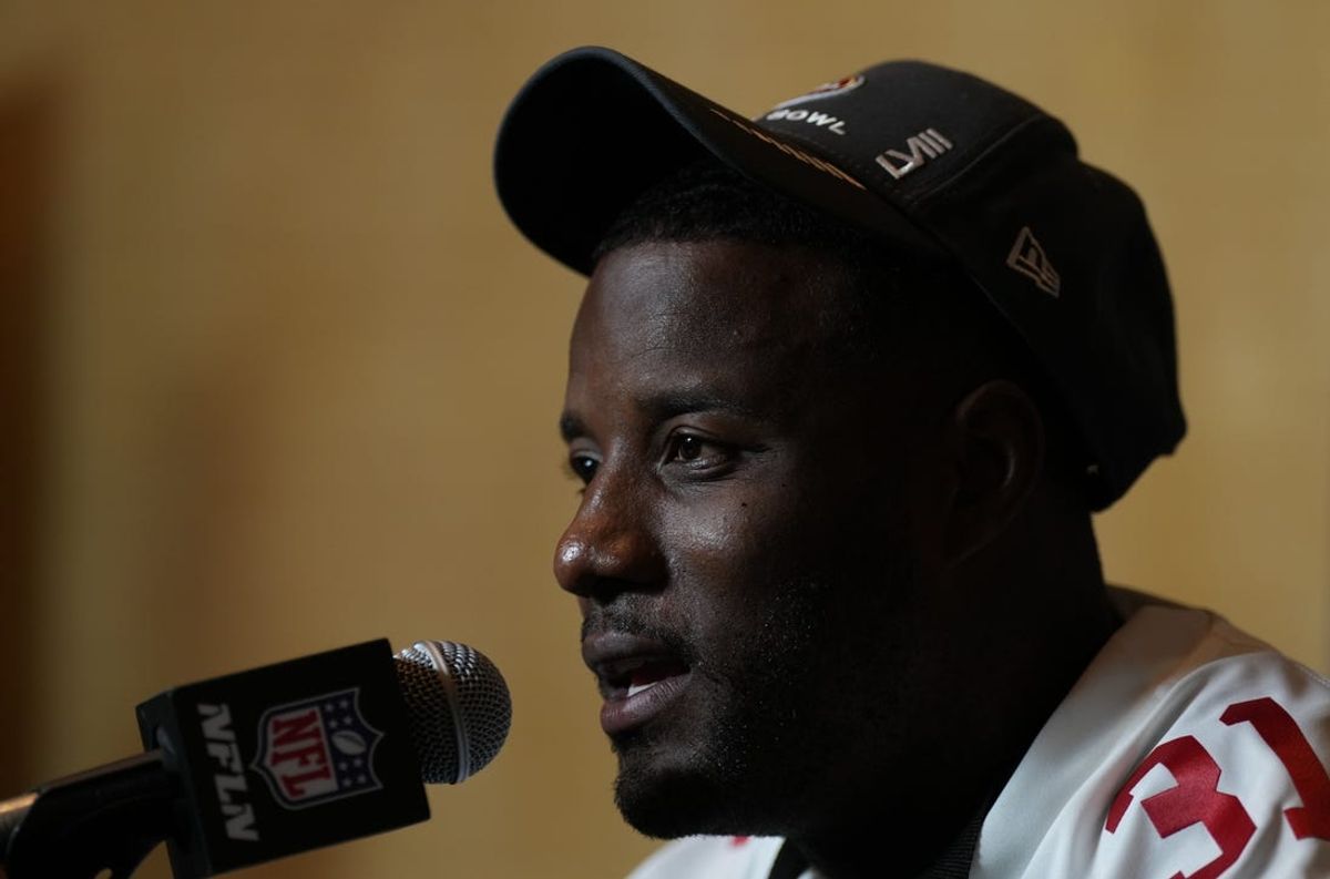 Feb 8, 2024; Las Vegas, NV, USA; San Francisco 49ers safety Tashaun Gipson Sr. (31) during a press conference before Super Bowl LVIII at Hilton Lake Las Vegas Resort and Spa. Mandatory Credit: Kyle Terada-USA TODAY Sports