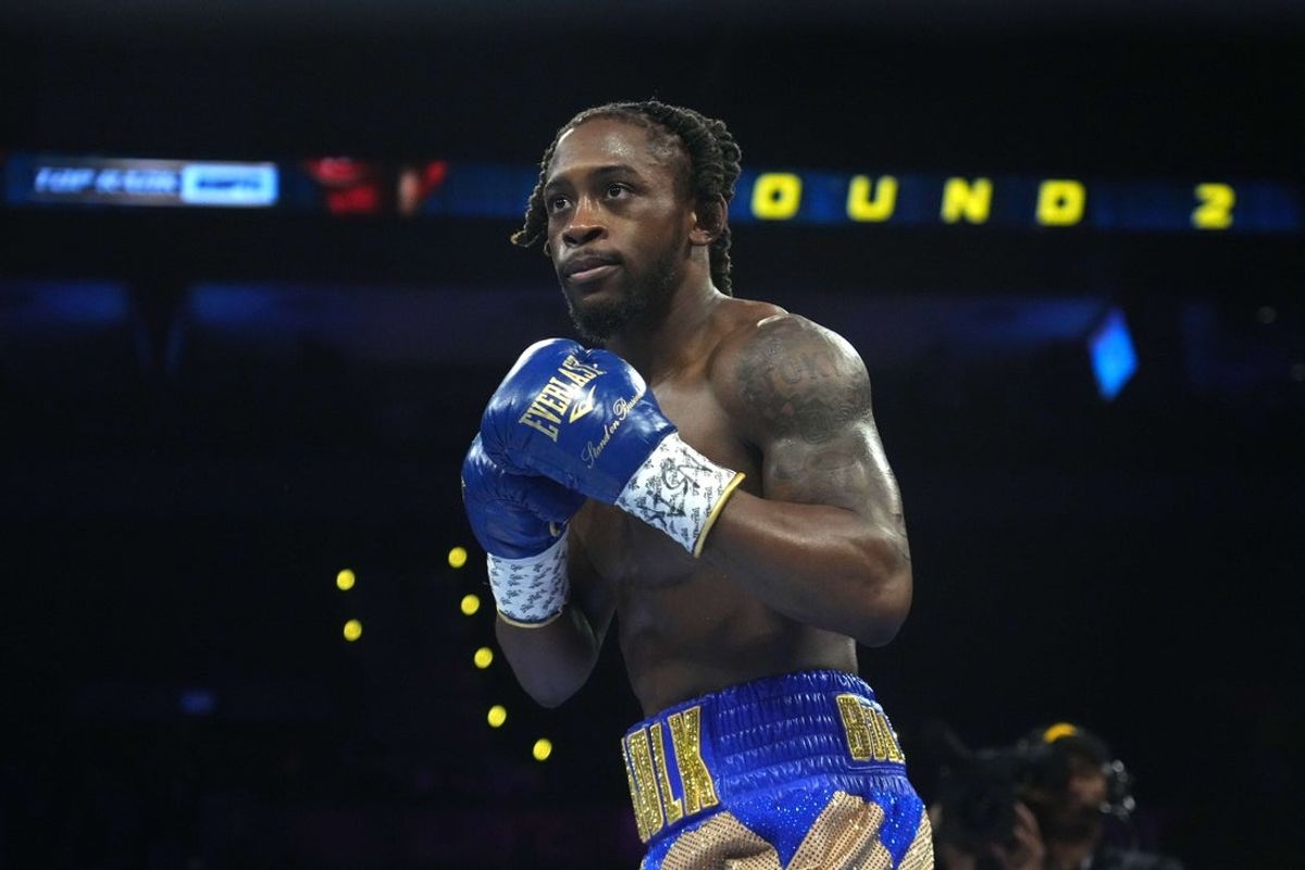 Feb 8, 2024; Las Vegas, Nevada, USA;  Jose Pedraza (gold/black trunks) and Keyshawn Davis (blue/gold trunks) box during their WBO Intercontinental Lightweight bout at Michelob ULTRA Arena. Mandatory Credit: Joe Camporeale-Imagn Images