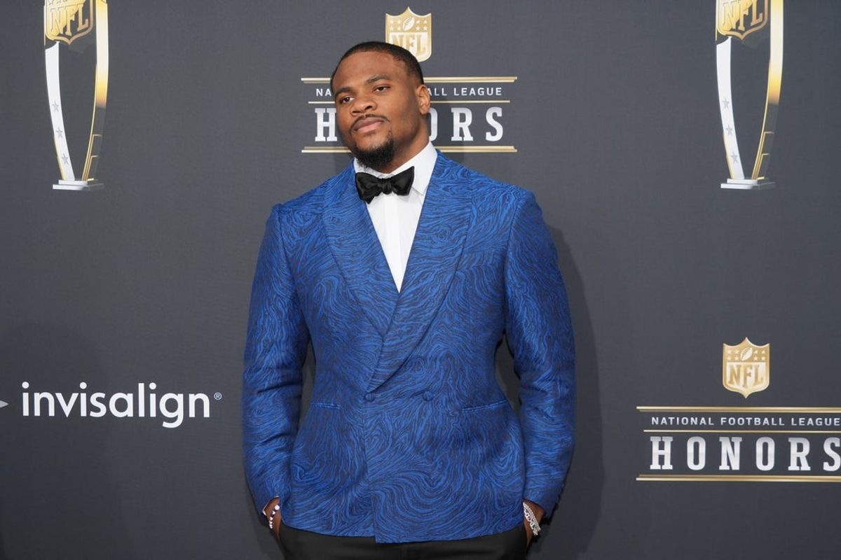Feb 8, 2024; Las Vegas, NV, USA; Micah Parsons on the red carpet before the NFL Honors show at Resorts World Theatre. Mandatory Credit: Kirby Lee-USA TODAY Sports