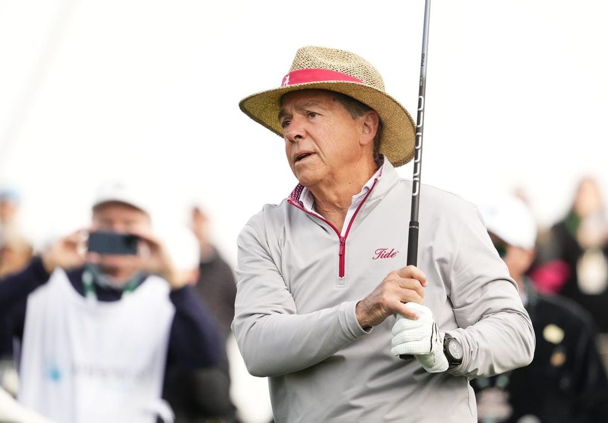Former Alabama head football coach Nick Saban plays his tee shot on the 10th hole during the Annexus Pro-Am at the Waste Management Phoenix Open at TPC Scottsdale on Feb. 7, 2024.