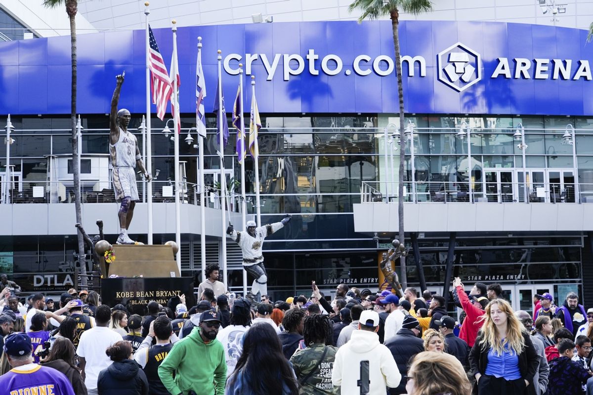 Feb. 9, 2024; Los Angeles, Calif.; The Los Angeles Lakers unveil a statue to the public honoring Hall of Famer Kobe Bryant at Crypto.com Arena. Bryant won five NBA championships and played all twenty of his NBA seasons with the franchise. Bryant died in a helicopter crash with his daughter Gianna in January 2020. Mandatory Credit: Sandy Hooper-USA TODAY