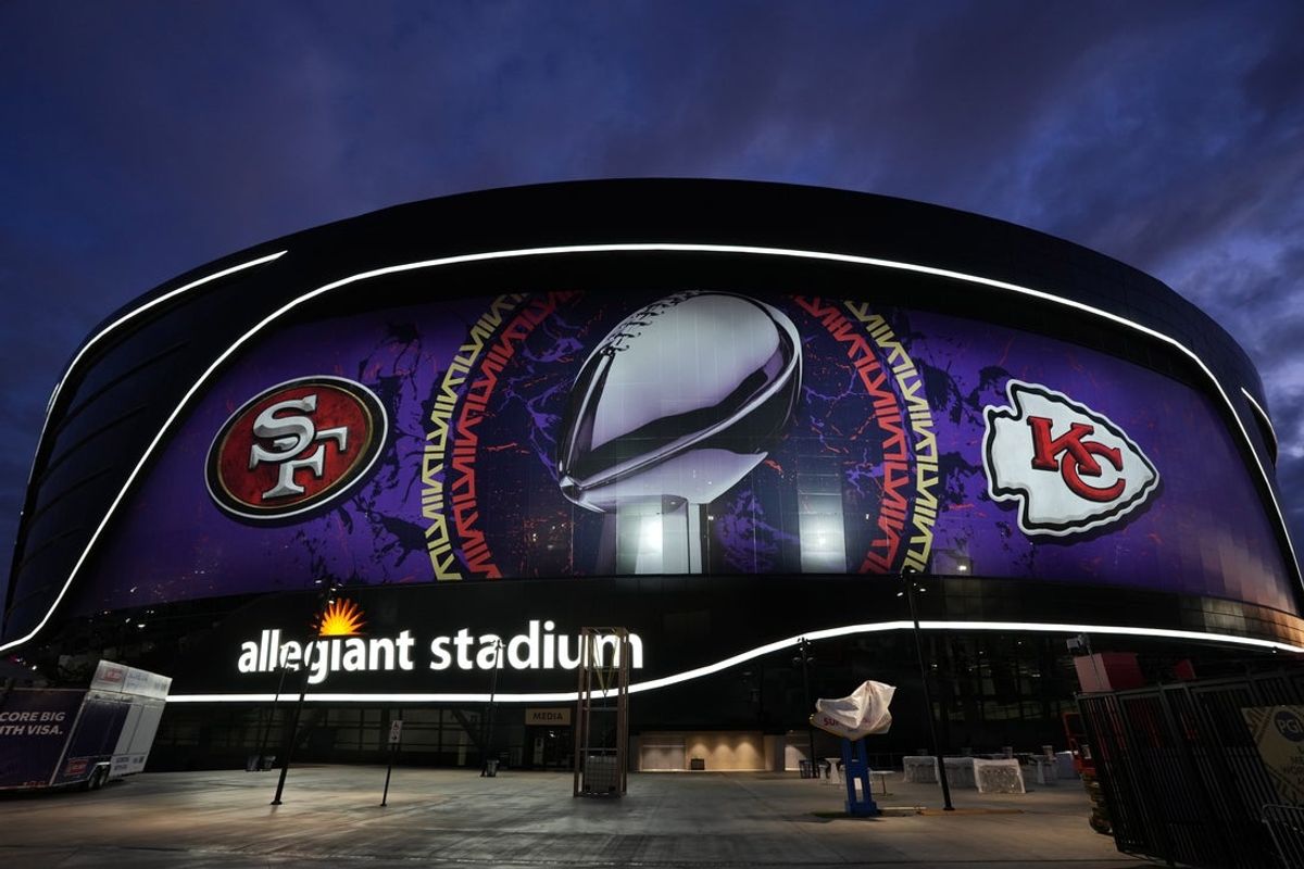 Feb 9, 2024; Las Vegas, NV, USA; A general overall view of Allegiant Stadium, the site of Super Bowl 58 between the San Francisco 49ers and the Kansas City Chiefs. Mandatory Credit: Kirby Lee-Imagn Images