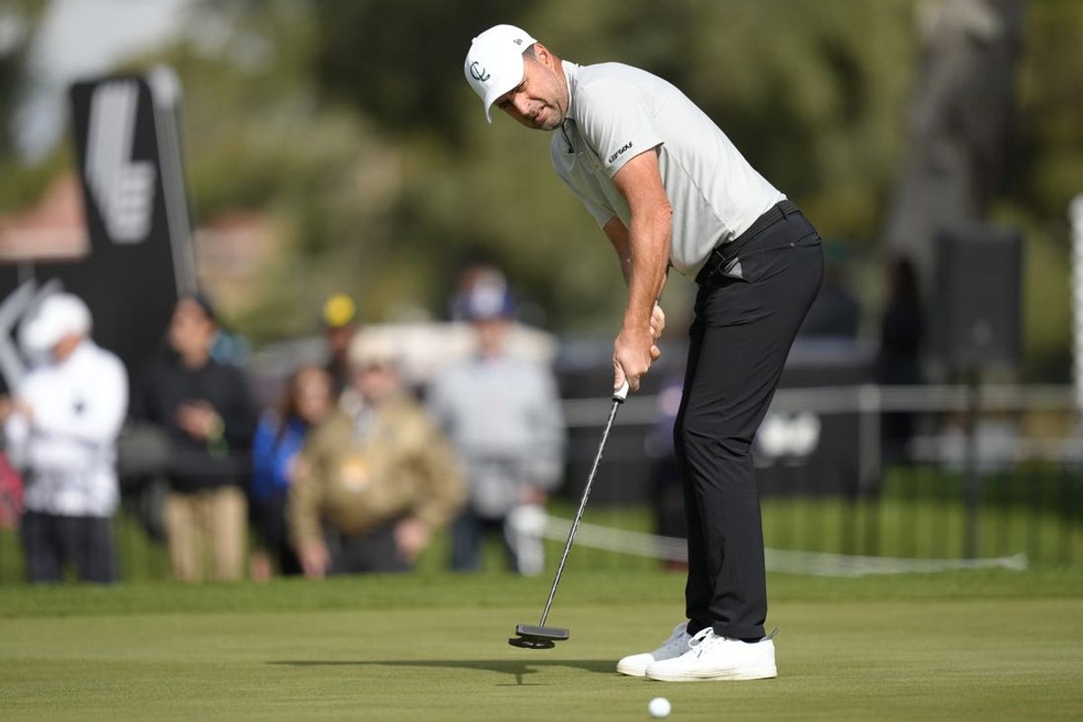 Feb 9, 2024; Las Vegas, Nevada, USA; Richard Bland putts on the 18th green during the second round of the LIV Golf Las Vegas tournament at Las Vegas Country Club. Mandatory Credit: Lucas Peltier-USA TODAY Sports