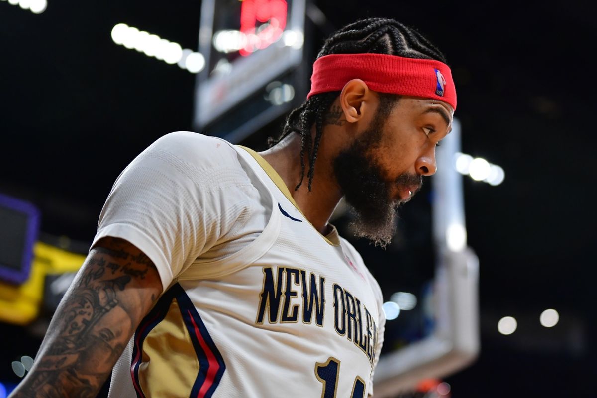 Feb 9, 2024; Los Angeles, California, USA; New Orleans Pelicans forward Brandon Ingram (14) reacts during the second half at Crypto.com Arena. Mandatory Credit: Gary A. Vasquez-Imagn Images