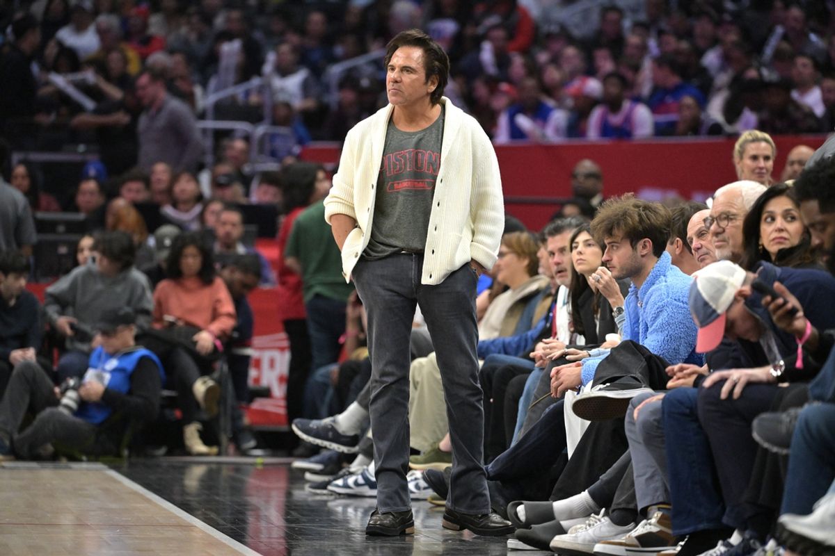 Feb 10, 2024; Los Angeles, California, USA;  Detroit Pistons owner Tom Gores watches a game against the Los Angeles Clippers at Crypto.com Arena. Mandatory Credit: Jayne Kamin-Oncea-Imagn Images