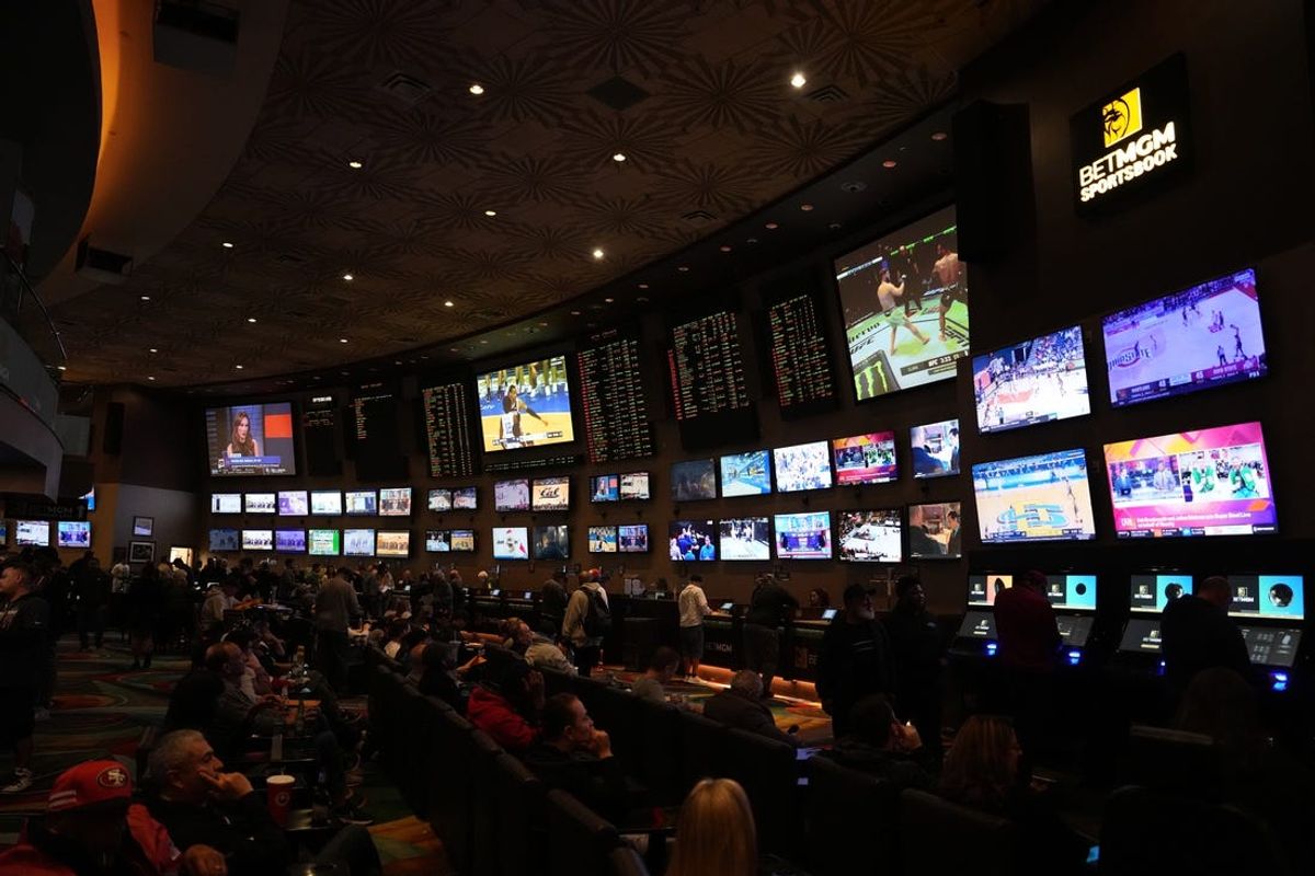 Feb 10, 2024; Las Vegas, NV, USA; The BetMGM Sportsbook at the MGM Grand Las Vegas. Mandatory Credit: Kirby Lee-USA TODAY Sports
