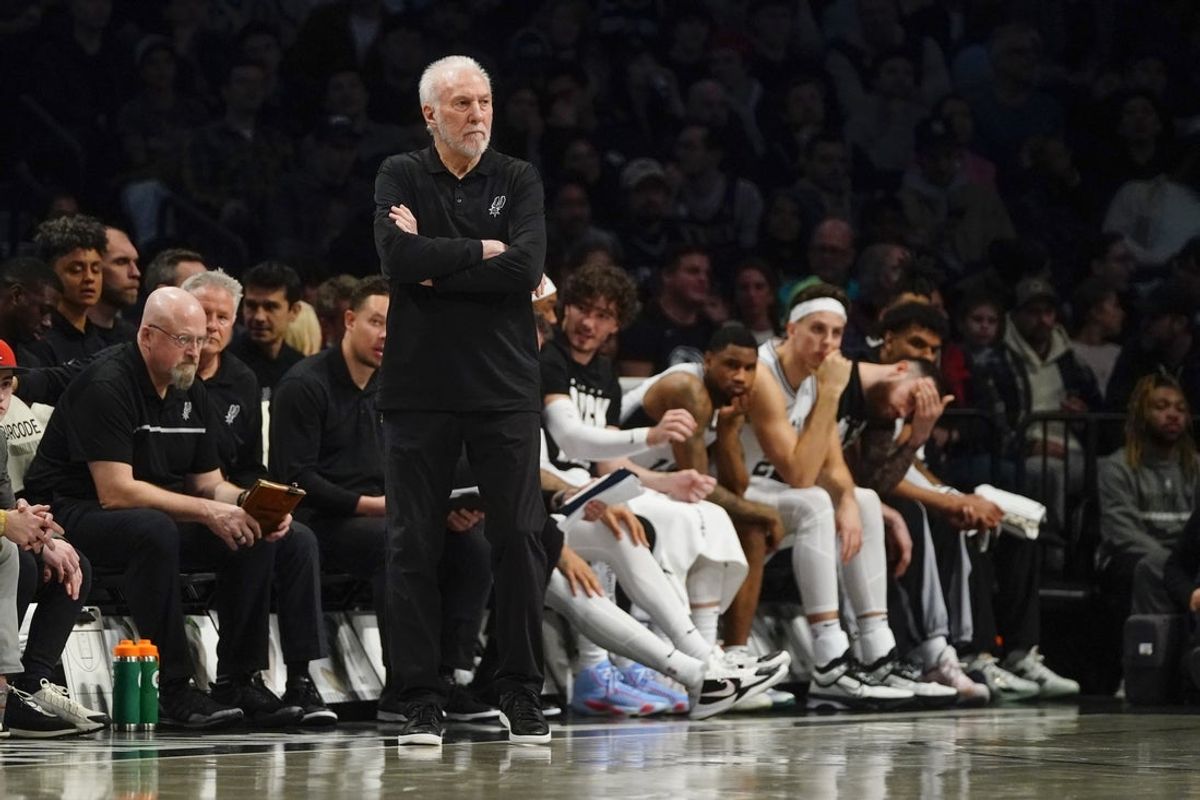 Feb 10, 2024; Brooklyn, New York, USA; San Antonio Spurs head coach Greg Popovich looks on from the sidelines during the first half against the Brooklyn Nets at Barclays Center. Mandatory Credit: Gregory Fisher-Imagn Images