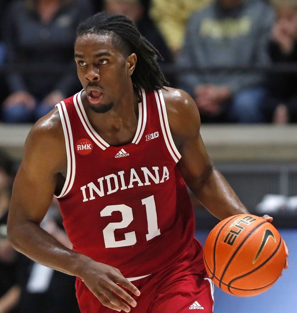 Indiana Hoosiers forward Mackenzie Mgbako (21) drives to the basket during the NCAA men   s basketball game against the Purdue Boilermakers, Saturday, Feb. 10, 2024, at Mackey Arena in West Lafayette, Ind.