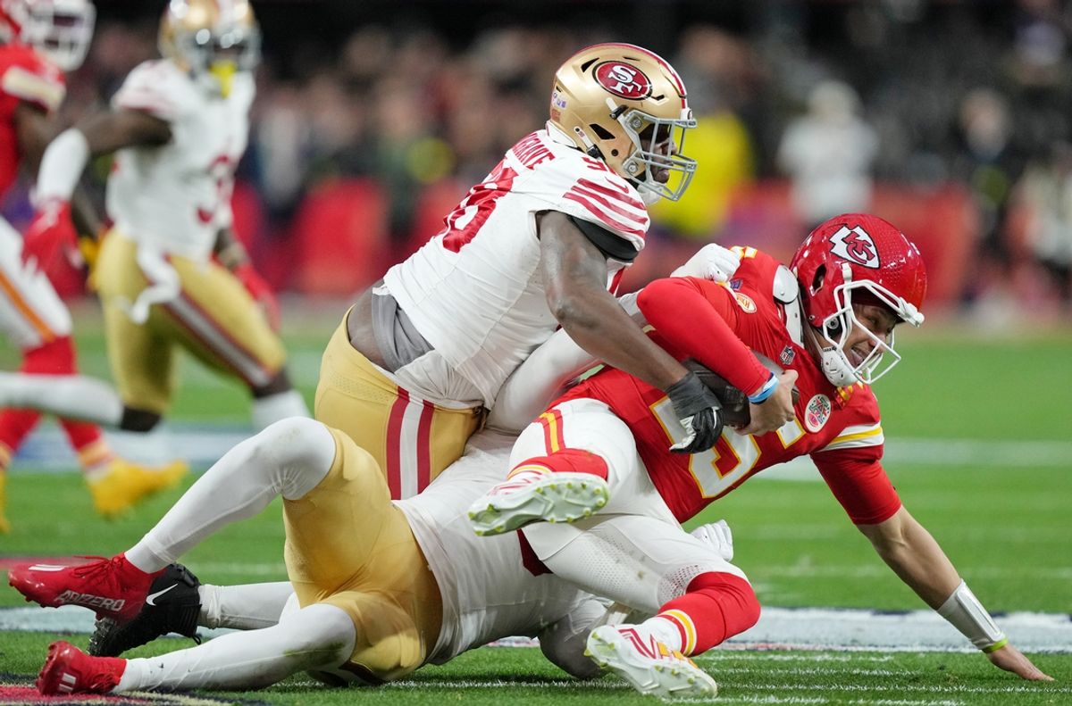 Feb 11, 2024; Paradise, Nevada, USA; San Francisco 49ers defensive tackle Javon Hargrave (98) and linebacker Randy Gregory (5) sack Kansas City Chiefs quarterback Patrick Mahomes (15) during the first quarter of Super Bowl LVIII at Allegiant Stadium. Mandatory Credit: Kirby Lee-Imagn Images