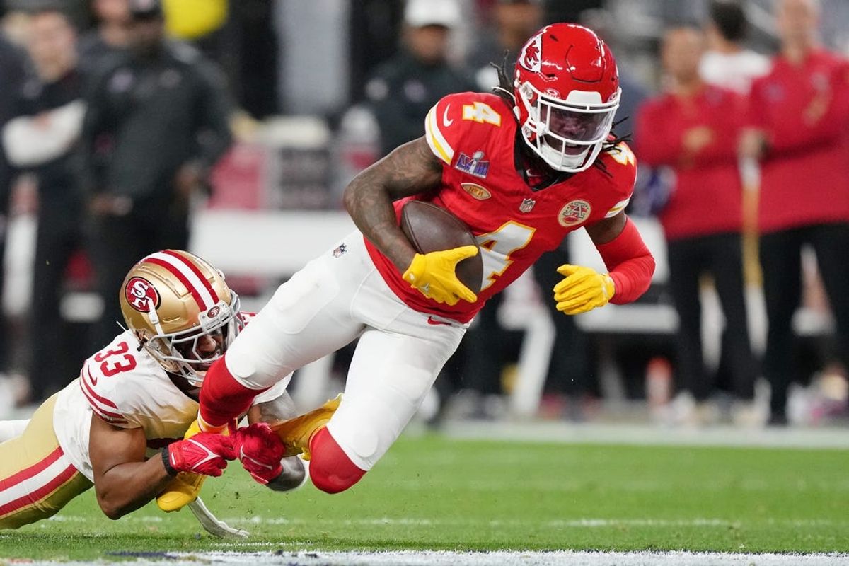 Feb 11, 2024; Paradise, Nevada, USA; San Francisco 49ers safety Logan Ryan (33) tackles Kansas City Chiefs wide receiver Rashee Rice (4) during the second quarter of Super Bowl LVIII at Allegiant Stadium. Mandatory Credit: Kirby Lee-USA TODAY Sports