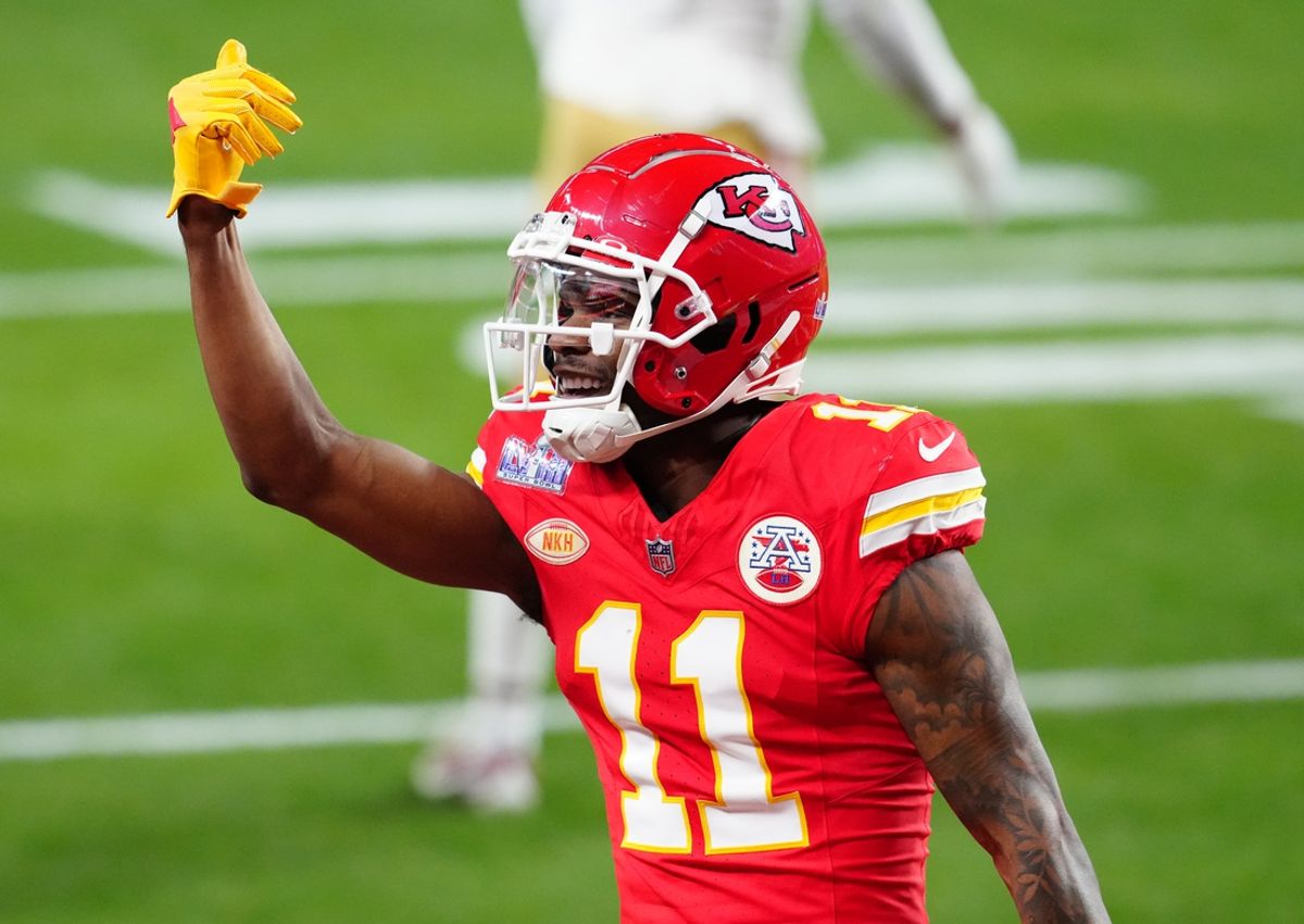 Feb 11, 2024; Paradise, Nevada, USA; Kansas City Chiefs wide receiver Marquez Valdes-Scantling (11) celebrates a touchdown catch against the San Francisco 49ers in the second half in Super Bowl LVIII at Allegiant Stadium. Mandatory Credit: Stephen R. Sylvanie-Imagn Images