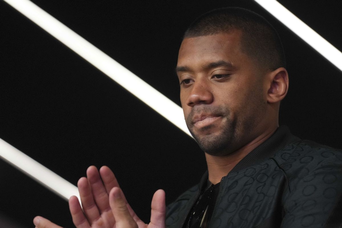 Feb 11, 2024; Paradise, Nevada, USA;  Denver Broncos quarterback Russell Wilson watches play during the third quarter of Super Bowl LVIII between Kansas City Chiefs and San Francisco 49ers at Allegiant Stadium. Mandatory Credit: Joe Camporeale-USA TODAY Sports