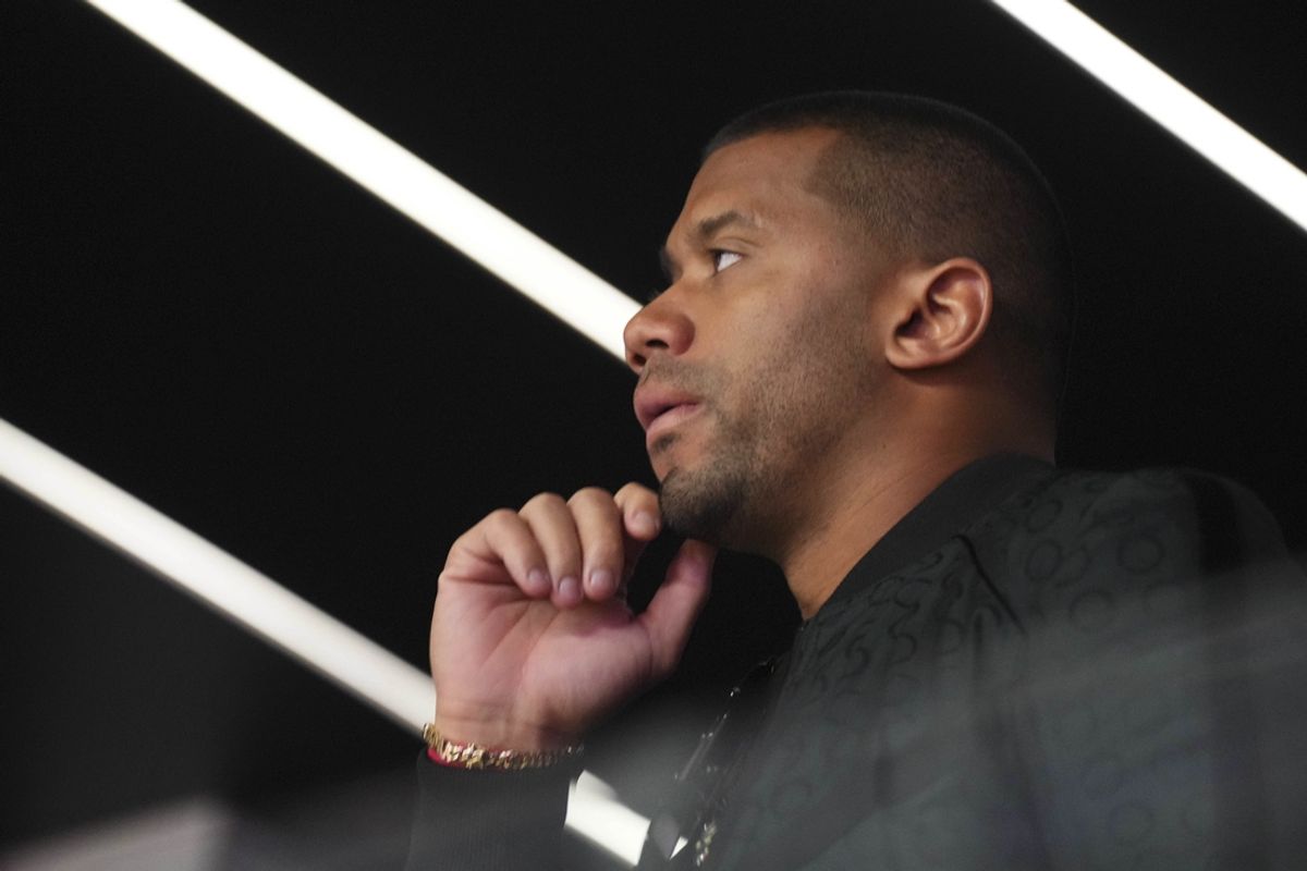 Feb 11, 2024; Paradise, Nevada, USA;  Denver Broncos quarterback Russell Wilson watches play during the third quarter of Super Bowl LVIII between Kansas City Chiefs and San Francisco 49ers at Allegiant Stadium. Mandatory Credit: Joe Camporeale-USA TODAY Sports