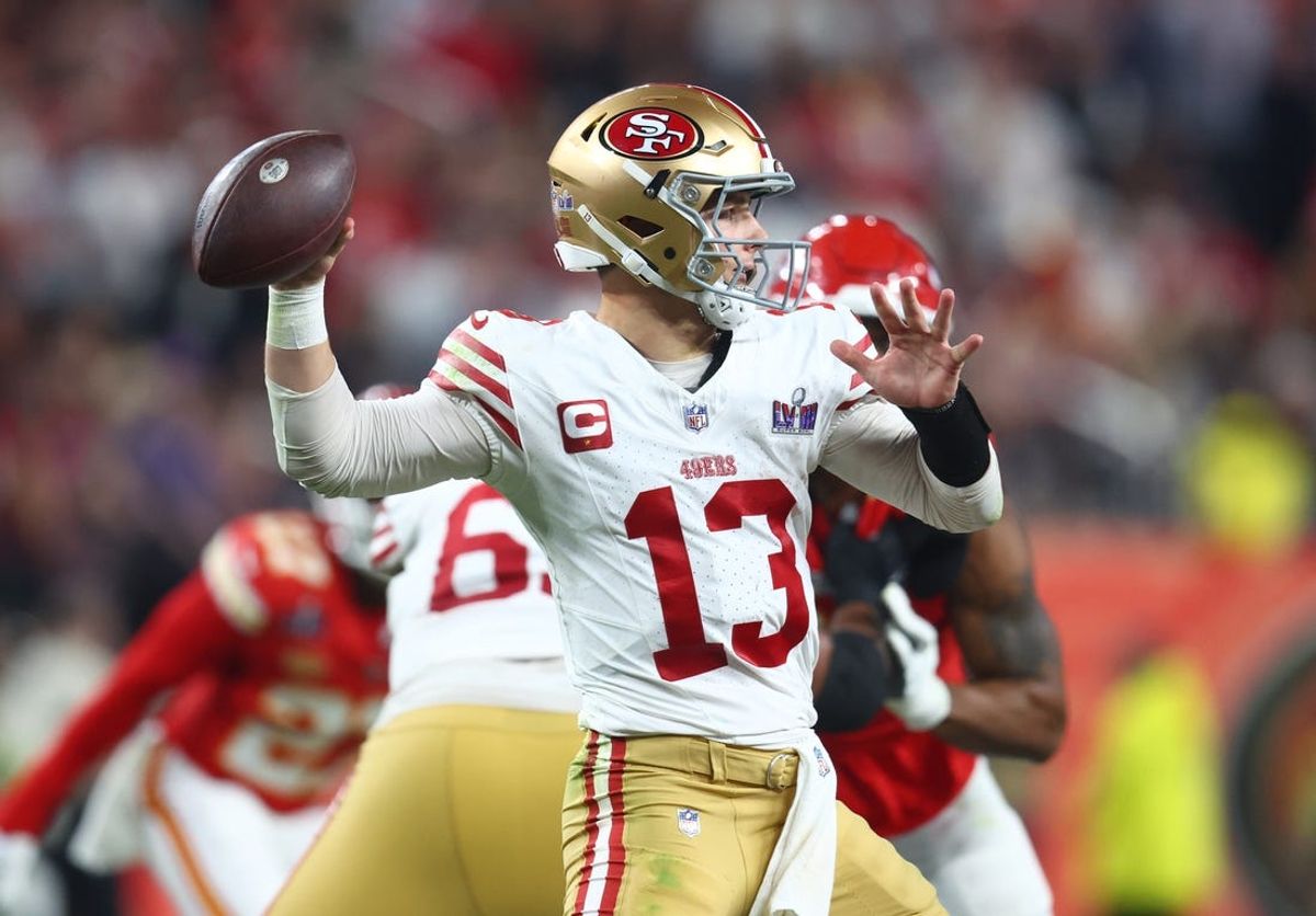 Feb 11, 2024; Paradise, Nevada, USA; San Francisco 49ers quarterback Brock Purdy (13) throws a pass against the Kansas City Chiefs in the second half in Super Bowl LVIII at Allegiant Stadium. Mandatory Credit: Mark J. Rebilas-USA TODAY Sports