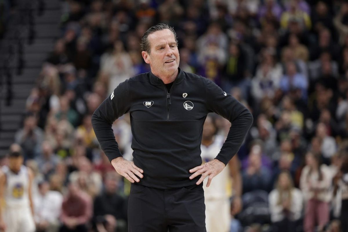Feb 12, 2024; Salt Lake City, Utah, USA;  Golden State Warriors assistant head coach Kenny Atkinson during the second half against the Utah Jazz at Delta Center. Mandatory Credit: Chris Nicoll-USA TODAY Sports