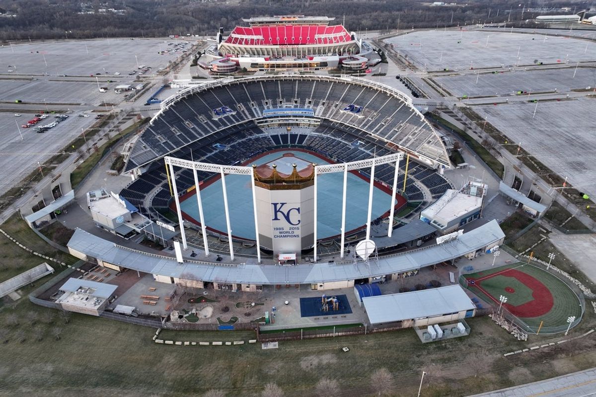 A general overall aerial view of Kauffman Stadium (foreground) and Arrowhead Stadium at the Truman Sports Complex. Mandatory Credit: Kirby Lee-USA TODAY Sports