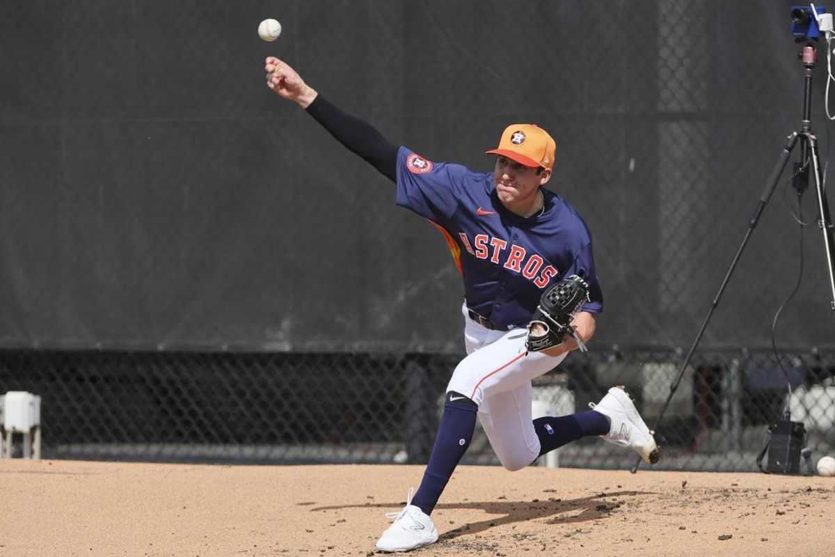 Feb 14, 2024; West Palm Beach, FL, USA; Houston Astros pitcher A.J. Blubaugh (69) works out during spring training at CACTI Park of the Palm Beaches. Mandatory Credit: Sam Navarro-Imagn Images