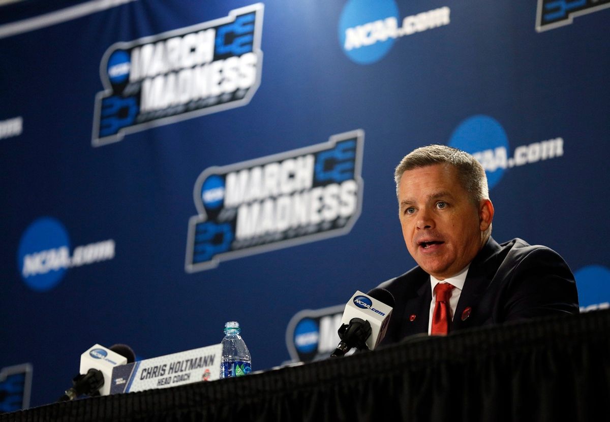 Ohio State Buckeyes head coach Chris Holtmann speaks during a press conference following the first-round NCAA basketball tournament matchup against the South Dakota State Jackrabbits at Taco Bell Arena in Boise, Idaho on March 15, 2018. Ohio State won 81-73 to advance the second round against Gonzaga. [Adam Cairns / Dispatch]