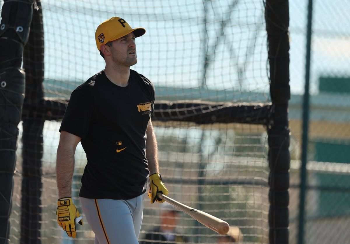 Feb 14, 2024; Bradenton, FL, USA; Pittsburgh Pirates catcher Jason Delay (55) workouts at Pirate City. Mandatory Credit: Kim Klement Neitzel-Imagn Images