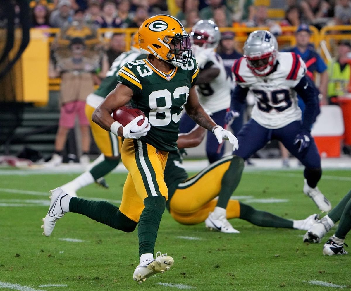 Green Bay Packers wide receiver Samori Toure (83) returns a kicked during the third quarter of their preseason game against the New England Patriots Saturday, August 19, 2023 at Lambeau Field in Green Bay, Wis.

Mark Hoffman/Milwaukee Journal Sentinel