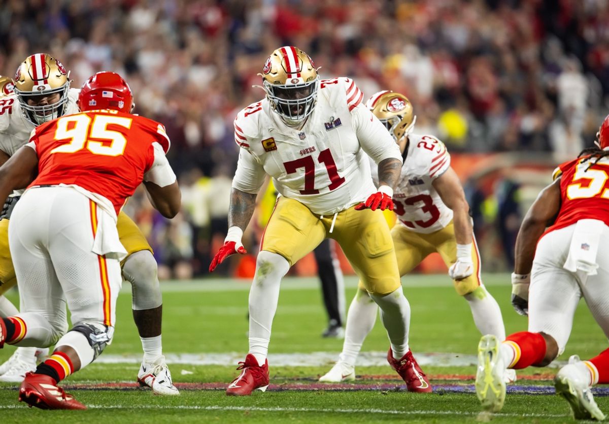 Feb 11, 2024; Paradise, Nevada, USA; San Francisco 49ers defensive end Trent Williams (71) against the Kansas City Chiefs in Super Bowl LVIII at Allegiant Stadium. Mandatory Credit: Mark J. Rebilas-USA TODAY Sports
