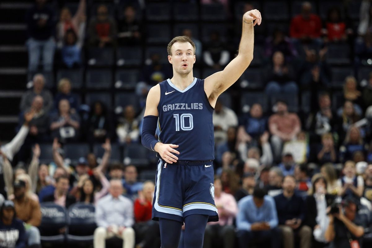Feb 14, 2024; Memphis, Tennessee, USA; Memphis Grizzlies guard Luke Kennard (10) reacts after a three-point basket during the first half against the Houston Rockets at FedExForum. Mandatory Credit: Petre Thomas-USA TODAY Sports