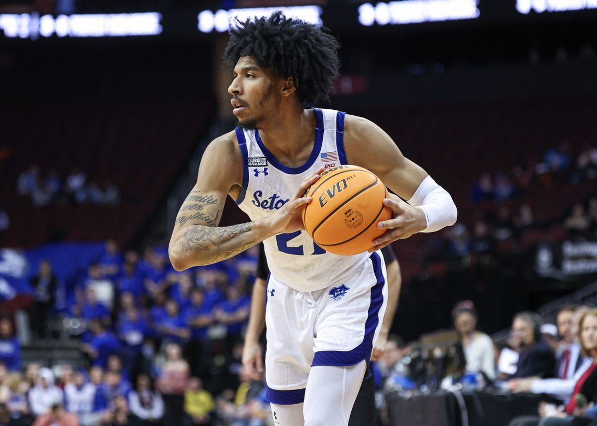 Feb 14, 2024; Newark, New Jersey, USA; Seton Hall Pirates guard Isaiah Coleman (21) looks to pass during the second half against the Xavier Musketeers at Prudential Center. Mandatory Credit: Vincent Carchietta-Imagn Images