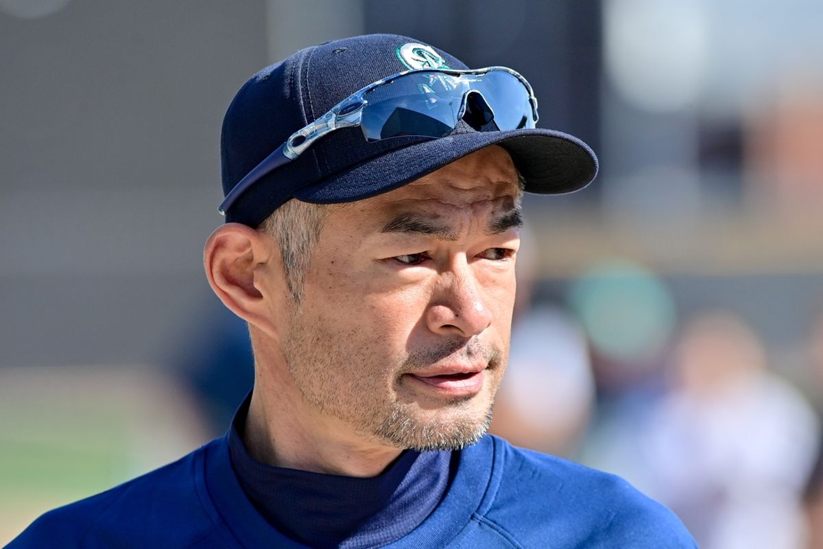 Feb 15, 2024; Peoria, AZ, USA; Former Seattle Mariners player Ichiro Suzuki looks on during a Spring Training workout at Peoria Sports Complex.  Mandatory Credit: Matt Kartozian-Imagn Images