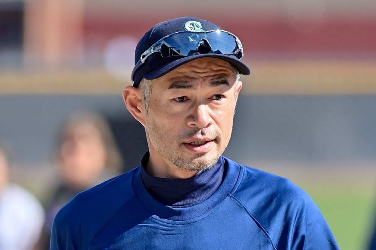 Feb 15, 2024; Peoria, AZ, USA; Former Seattle Mariners player Ichiro Suzuki looks on during a Spring Training workout at Peoria Sports Complex.  Mandatory Credit: Matt Kartozian-Imagn Images