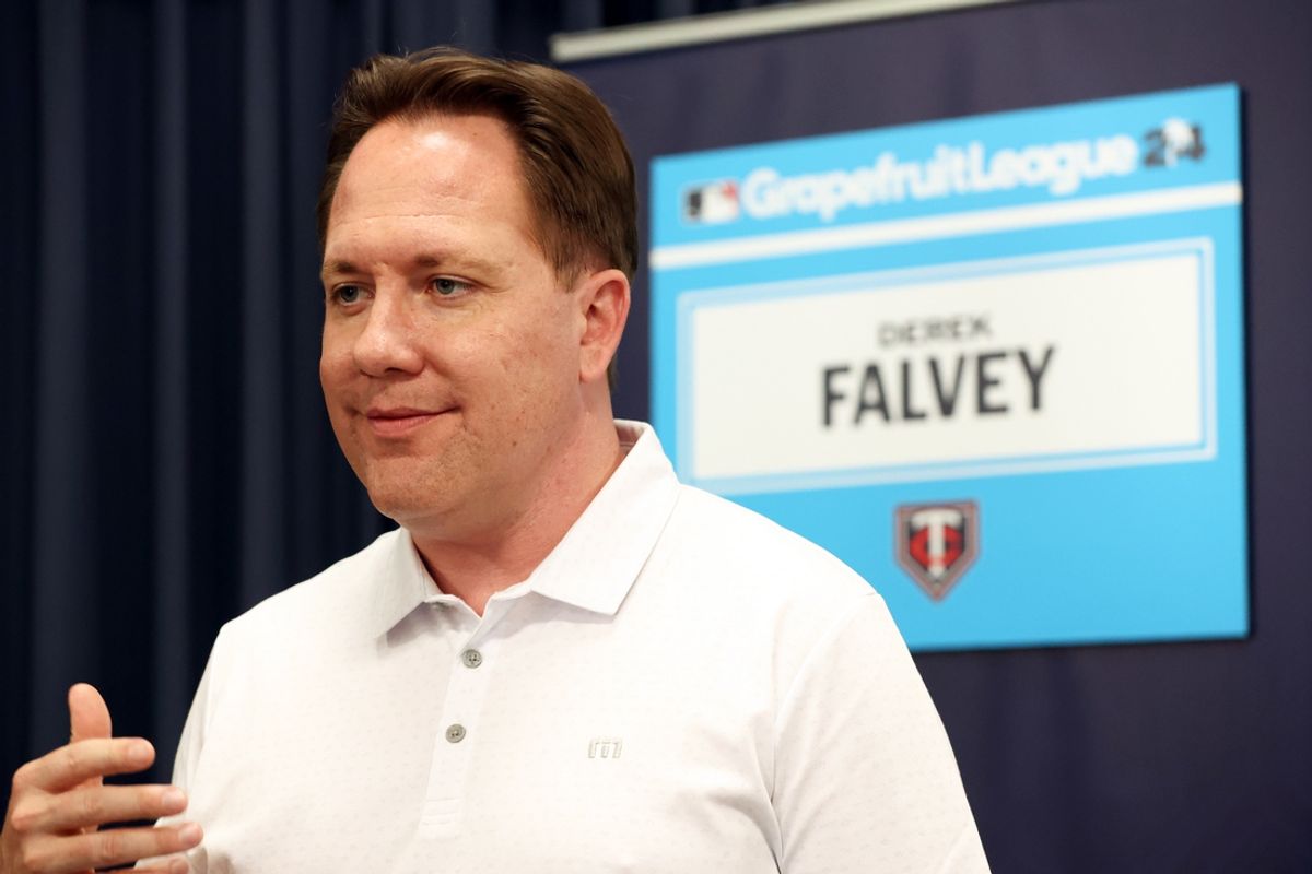 Feb 15, 2024; Tampa, FL, USA; Minnesota Twins president of baseball operations Derek Falvey talks with media at George M. Steinbrenner Field. Mandatory Credit: Kim Klement Neitzel-Imagn Images
