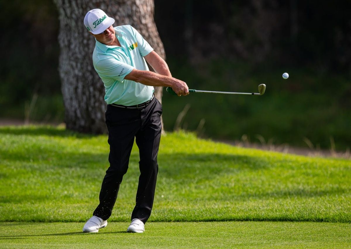 Feb 15, 2024; Pacific Palisades, California, USA; Charley Hoffman plays a shot on the thirteenth hole during the first round of The Genesis Invitational golf tournament. Mandatory Credit: Jason Parkhurst-USA TODAY Sports