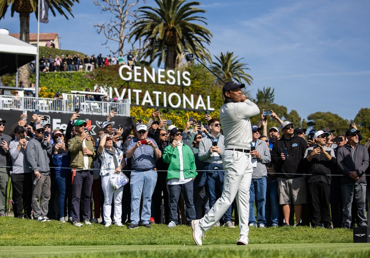 Feb 15, 2024; Pacific Palisades, California, USA; Tiger Woods on the tenth hole during the first round of The Genesis Invitational golf tournament. Mandatory Credit: Jason Parkhurst-Imagn Images