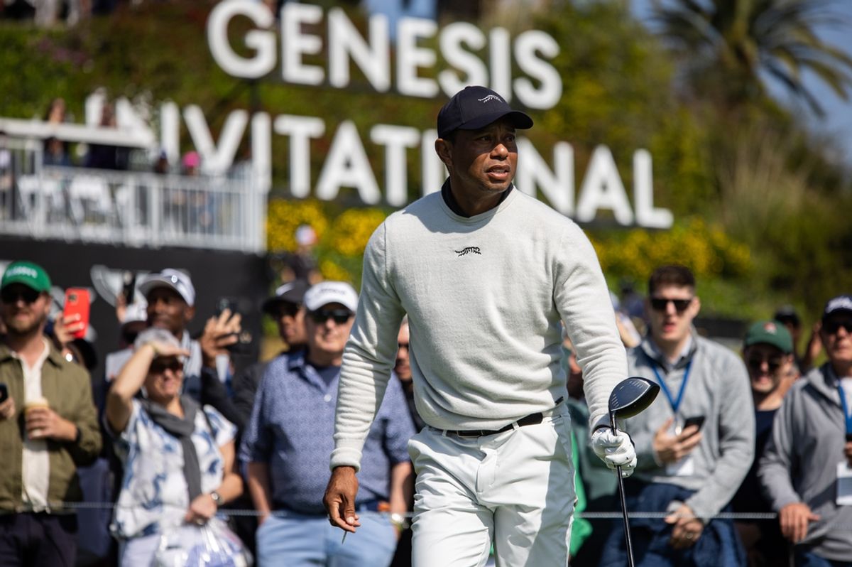 Feb 15, 2024; Pacific Palisades, California, USA; Tiger Woods on the tenth hole during the first round of The Genesis Invitational golf tournament. Mandatory Credit: Jason Parkhurst-Imagn Images