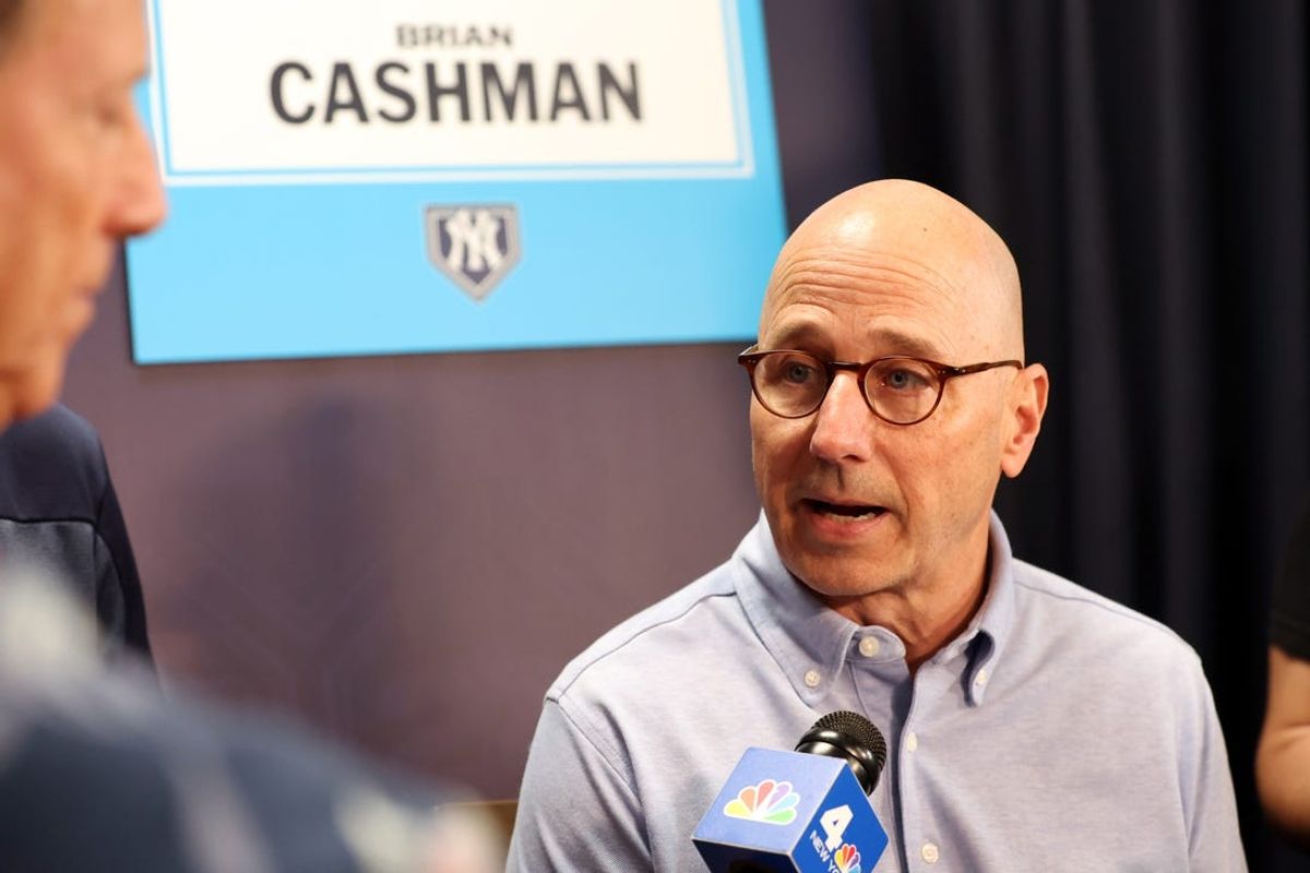 Feb 15, 2024; Tampa, FL, USA; New York Yankees general manager Brian Cashman talks with media at George M. Steinbrenner Field. Mandatory Credit: Kim Klement Neitzel-USA TODAY Sports