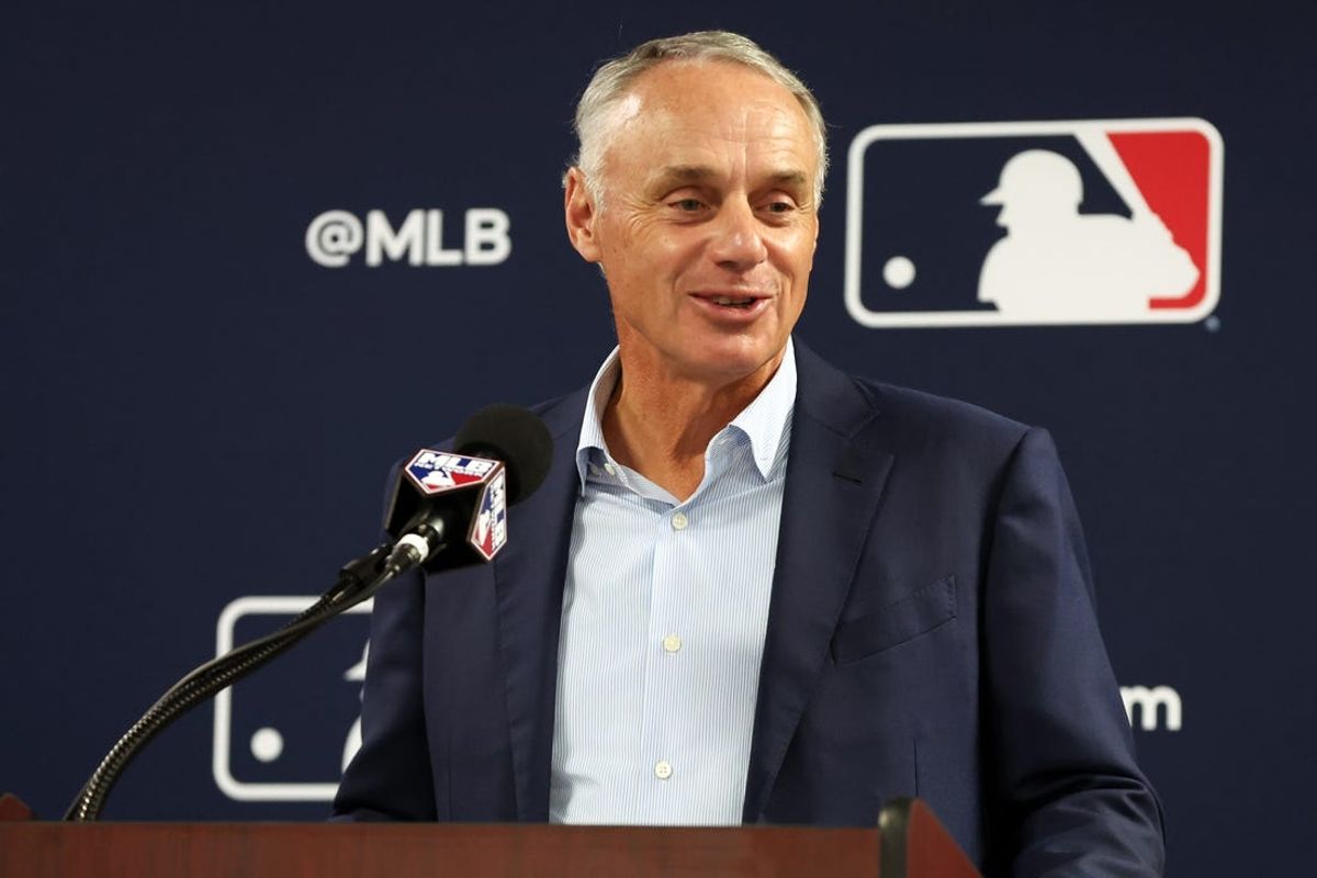 Feb 15, 2024; Tampa, FL, USA; MLB commissioner Rob Manfred talks with media at George M. Steinbrenner Field. Mandatory Credit: Kim Klement Neitzel-USA TODAY Sports