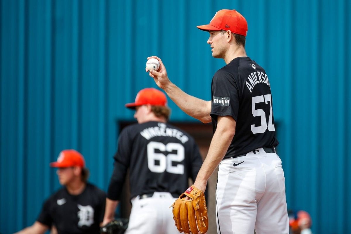 Detroit Tigers pitcher Drew Anderson throws during spring training at TigerTown in Lakeland, Fla. on Friday, Feb. 16, 2024.